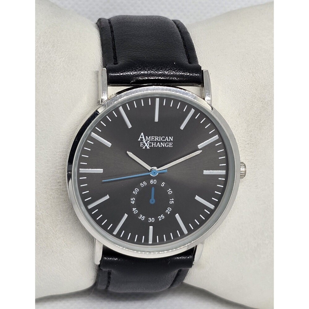 Men's American Exchange Classic Silver Tone Black Dial Leather Strap Watch 11 - Picture 3 of 9